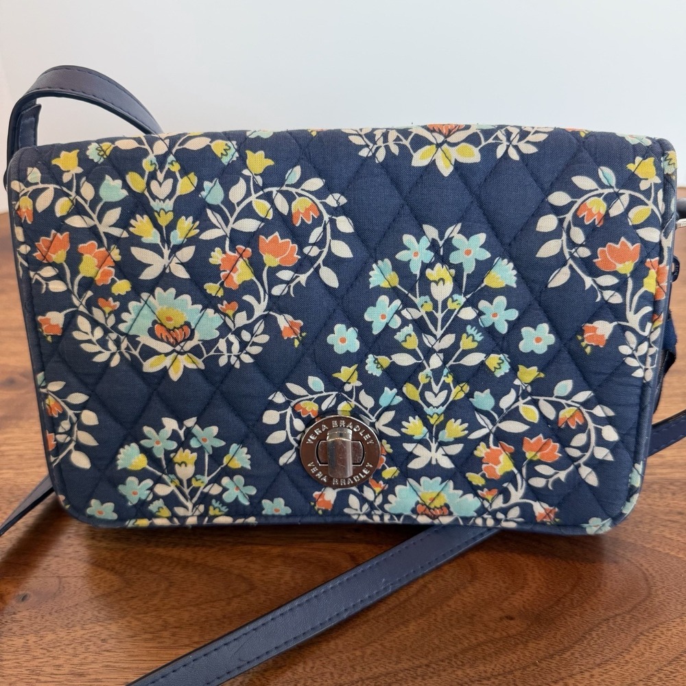 Vera Bradley Floral Quilted Crossbody Bag Navy Chandelier Floral Turn Lock